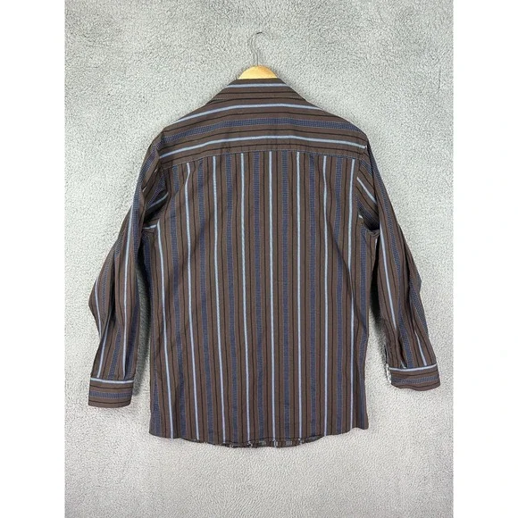 Johnston & Murphy Shirt Mens Medium Brown Blue Striped Tailored Fit Long Sleeve